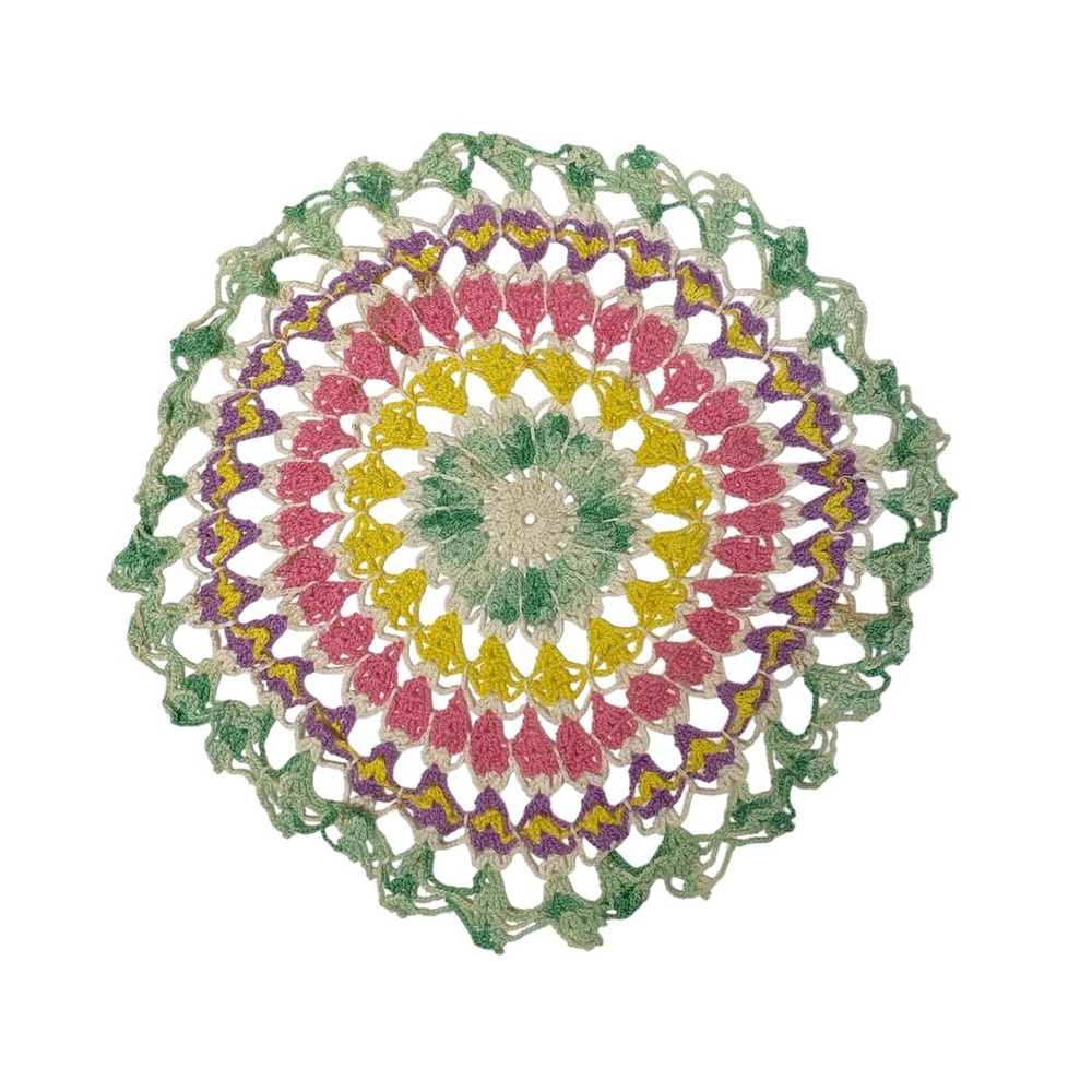 Vintage Hand Crocheted Doily Multicolor Lace Table Topper Cottagecore Boho Decor
